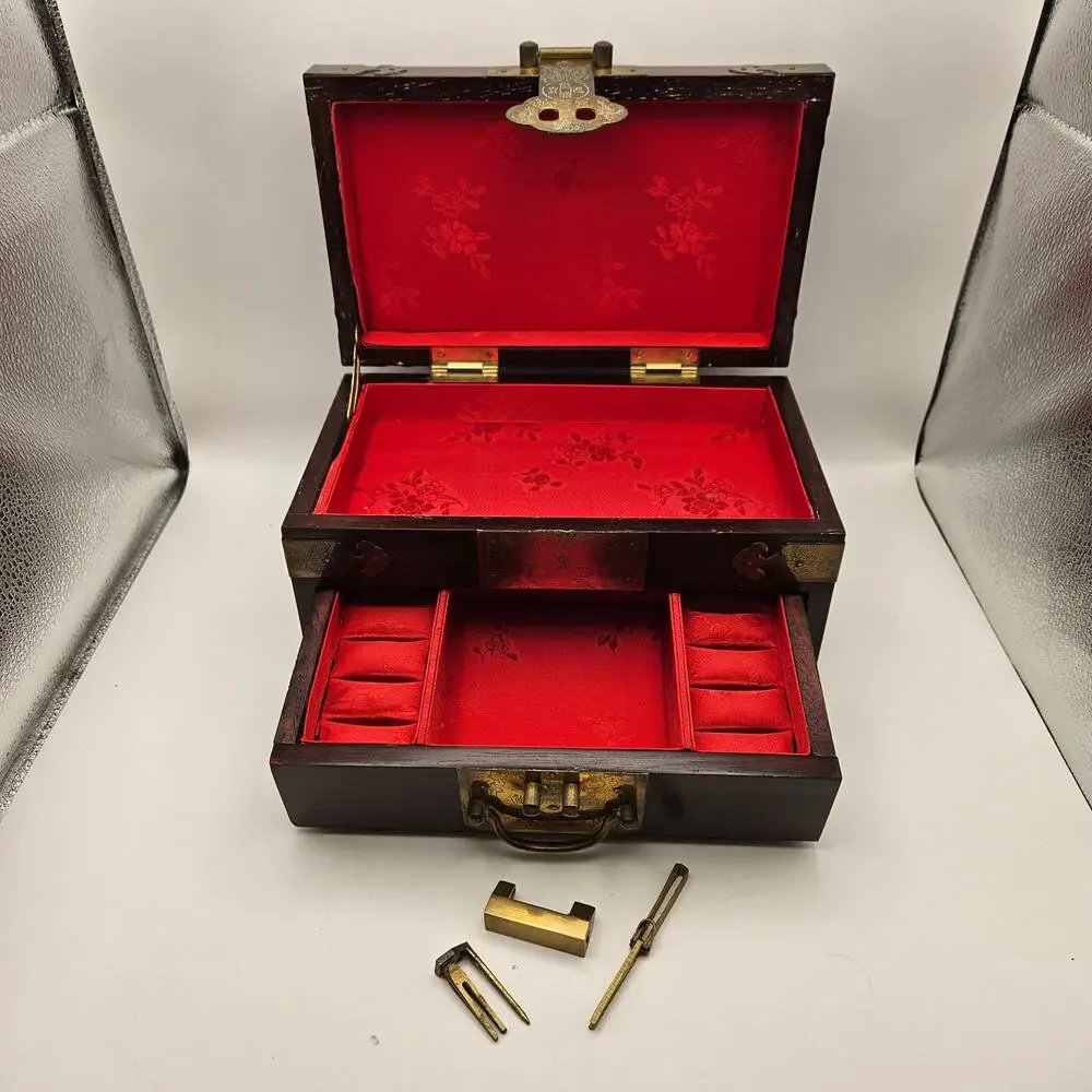 CHINESE STYLE WOODEN JEWELRY BOX W KEY BRASS LOCK RED LINED ORGANIZER